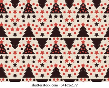 Seamless vector pattern. Items from fabric with stitch - Christmas trees, stars and balls on a checkered background
