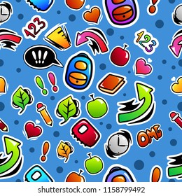 Seamless vector pattern with items and symbols related to school theme. "Back to school" illustration, template for cover, poster or packaging    