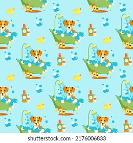 Seamless vector pattern Jack russell terrier in bath with shower and rubber duck. Bathroom washing for domestic animal. Grooming service.