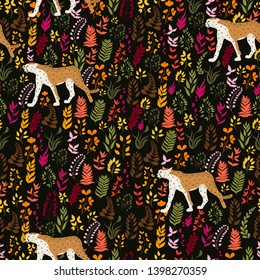 Seamless vector pattern with jaguar and colorful plants on black background
