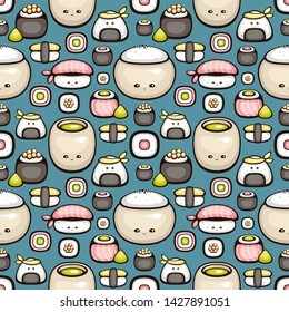 Seamless vector pattern with Japan food. Cute sushi and rolls. Food cartoon characters. Template for fabric, wrapping and menu design.