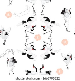 Seamless vector pattern with japanese crane mating dance.