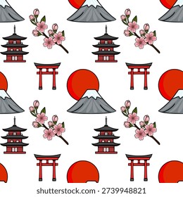 Seamless vector pattern of Japanese icons with Mount Fuji and cherry blossoms