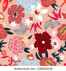 Seamless vector pattern with Japanese motifs ans flowers on pink background.