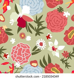 Seamless vector pattern with Japanese motifs ans flowers on grey background.