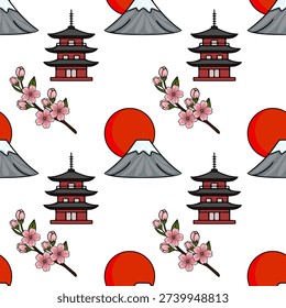 Seamless vector pattern of Japanese pagoda, Mount Fuji, and cherry blossoms with rising sun