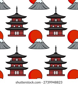 Seamless vector pattern of Japanese pagodas and Mount Fuji with a red sun