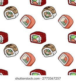 Seamless vector pattern of Japanese sushi rolls with salmon, avocado, and tobiko, isolated on white background