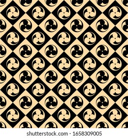 Seamless vector pattern. Japanese symbol tomoe - three drops. Endless texture for textile design. Japanese culture. Chinese sign. Gold and black rhombus. Vector color background.