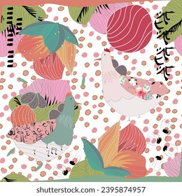 Seamless vector pattern, japenese flowers and animal style pattern design. Scarf, textile, fabric, fashion, pattern design. 