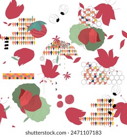 Seamless vector pattern, japenese flowers and animal style pattern design. Scarf, textile, fabric, fashion, pattern design.
