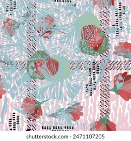 Seamless vector pattern, japenese flowers and animal style pattern design. Scarf, textile, fabric, fashion, pattern design.
