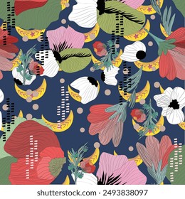 Seamless vector pattern, japenese flowers and animal style pattern design. Scarf, textile, fabric, fashion, pattern design.
