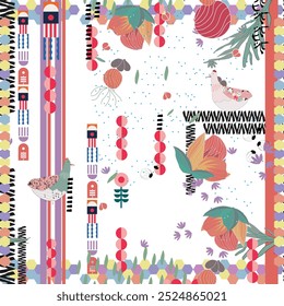 Padrão de vetor sem costura, flores japenesas e design de padrão de estilo animal. Lenço, têxtil, tecido, moda, design de padrão.
