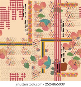 Patrón de Vector sin costuras, flores japonesas y diseño de patrón de estilo animal. Bufanda, textil, tela, moda, diseño de patrones.
