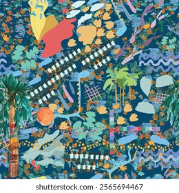Seamless vector pattern, japenese flowers and animal style pattern design. Scarf, textile, fabric, fashion, pattern design.