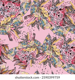 Seamless vector pattern, japenese flowers and animal style pattern design. Scarf, textile, fabric, fashion, pattern design.