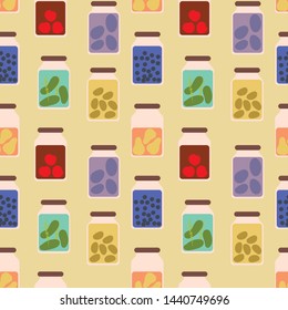 A seamless vector pattern with jars full of preserved fruits and veggies. Surface print design.