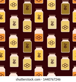 A seamless vector pattern with jars full of honey on dark background. Surface print design.