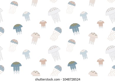 Seamless vector pattern with jellyfish illustration. Scrapbook paper, wrapping paper.