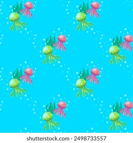 Seamless vector pattern with jellyfish. Marine pattern. Underwater seamless pattern for fabric, drawing labels, print on t-shirt, wallpaper of children's room, fruit background. Vector illustration.