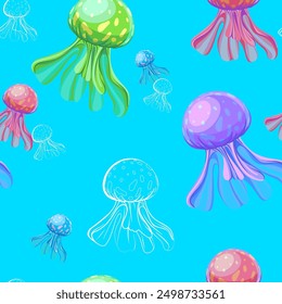 Seamless vector pattern with jellyfish. Marine pattern. Underwater seamless pattern for fabric, drawing labels, print on t-shirt, wallpaper of children's room, fruit background. Vector illustration.