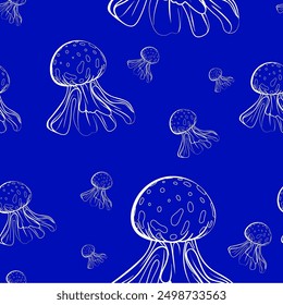 Seamless vector pattern with jellyfish. Marine pattern. Underwater seamless pattern for fabric, drawing labels, print on t-shirt, wallpaper of children's room, fruit background. Vector illustration.