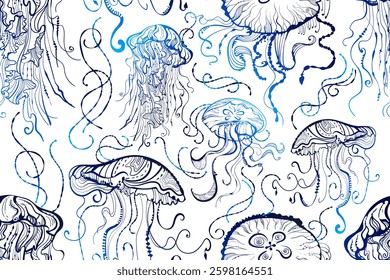Seamless vector pattern with jellyfish in a marine style. Abstract lines, fluid shapes, and blue shades create a sense of movement. Perfect for textiles, packaging, and backgrounds