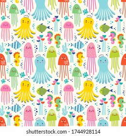 Seamless vector pattern with jellyfish, octopus, fish, seahorse and water plants.