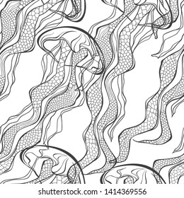 Seamless vector pattern with jellyfish on a white background. Black and white  nature background.