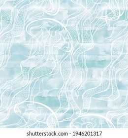 Seamless vector pattern with jellyfish on blue watercolor background. Perfect for design templates, wallpaper, wrapping, fabric and textile.  Abstract nature background.