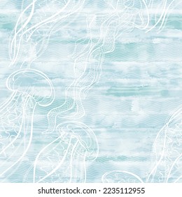 Seamless vector pattern with jellyfish on blue watercolor background. Abstract nature background.  Vector. Perfect for design templates, wallpaper, wrapping, fabric and textile.