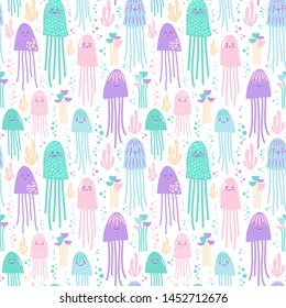 Seamless vector pattern with jellyfish in pastel colors.