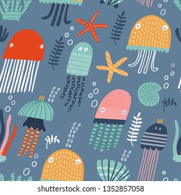 Seamless vector pattern with jellyfishes and seastars. Cute texture for fabric, wrapping, textile, wallpaper, apparel.  Vector illustration childish background