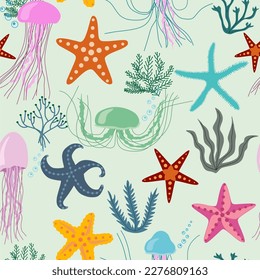 Seamless vector pattern with jellyfishes, seaweeds and seastars. Cute texture for fabric, wrapping, textile, wallpaper.