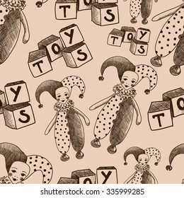 Seamless vector pattern with jesters and cubes. Vintage toys. Dolls