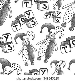 Seamless vector pattern with jesters and cubes. Vintage toys. Dolls