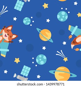 Seamless vector pattern. Jet fox flying in open space, galaxy, cyber reality, virtual reality. Vector illustration