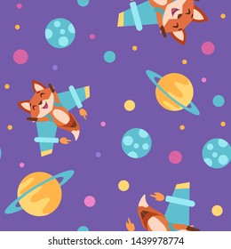 Seamless vector pattern. Jet fox flying in open space, galaxy, cyber reality, virtual reality. Vector illustration
