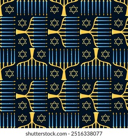 Ein nahtloses Vektormuster für den jüdischen Feiertag von Hanukkah, entworfen auf dunkelblauem Hintergrund mit einer Menorah und dem Stern Davids. Es kann für Dekorationen, Textilien, Verpackungspapier verwendet werden.