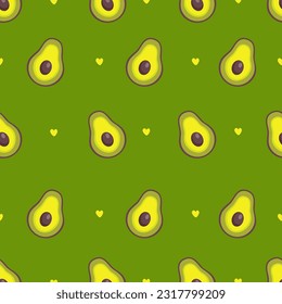 Nahtloses Vektormuster. Juicy Avocados und Herz. Muster auf grünem Hintergrund