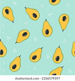 Seamless vector pattern. Juicy avocados and hearts. Pattern on blue background