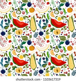 seamless vector pattern of juicy berries and fruits on a white background