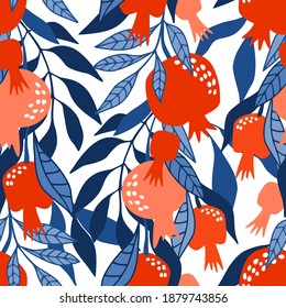 Seamless vector pattern with juicy and bright pomegranates on a white background. For wallpaper, wrapping paper, textiles, postcards, web page backgrounds, interior decor, menus. Cartoon design.