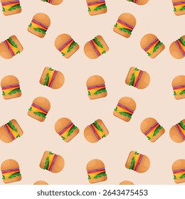 Seamless vector pattern of juicy cheeseburgers with beef, lettuce, and tomato in a cartoon style. Perfect for textiles, packaging, banners, or food branding.