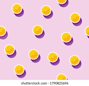 Seamless vector pattern of juicy oranges on a lilac background