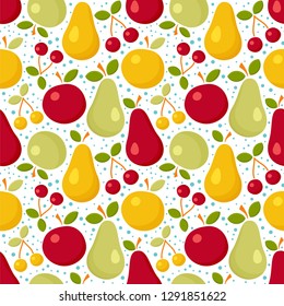 Seamless vector pattern with juicy pears, apples and cherries. Fruits bright background.