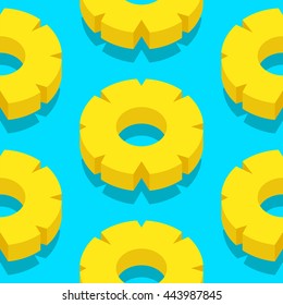 Seamless vector pattern of juicy pineapple slices over blue background