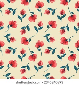 Seamless vector pattern. Juicy red flowers in Scandinavian style, naive art. Pattern on beige  background 