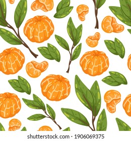 Seamless vector pattern with juicy tangerines and branches. Seamless summer, spring pattern. Vector illustration.